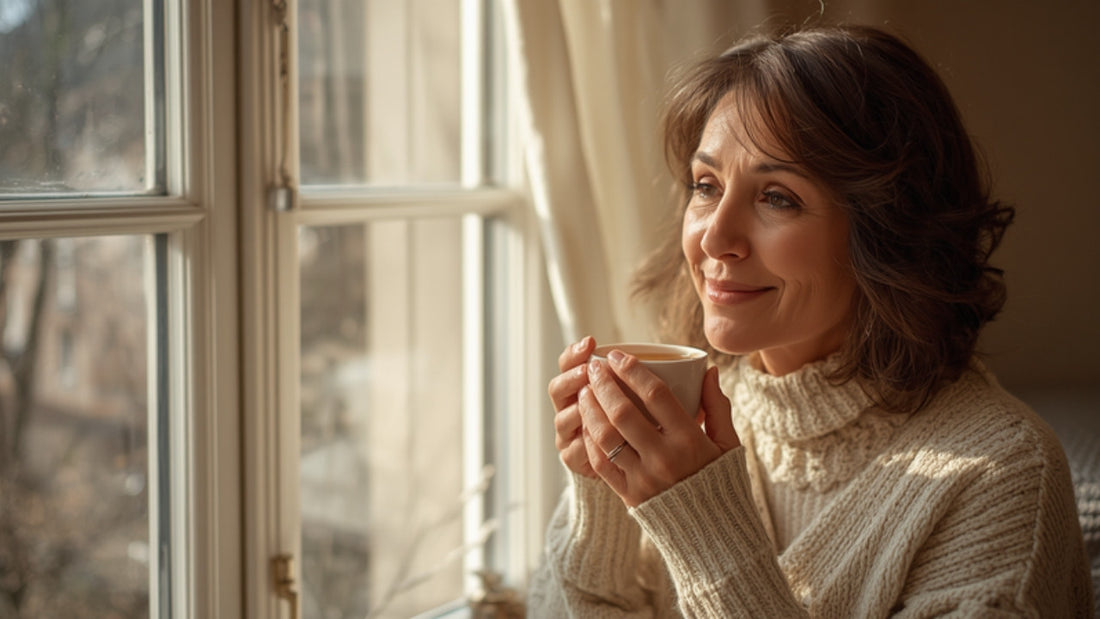 Donna di 50 anni alla finestra con una tazza calda: un momento per prendersi cura di sé