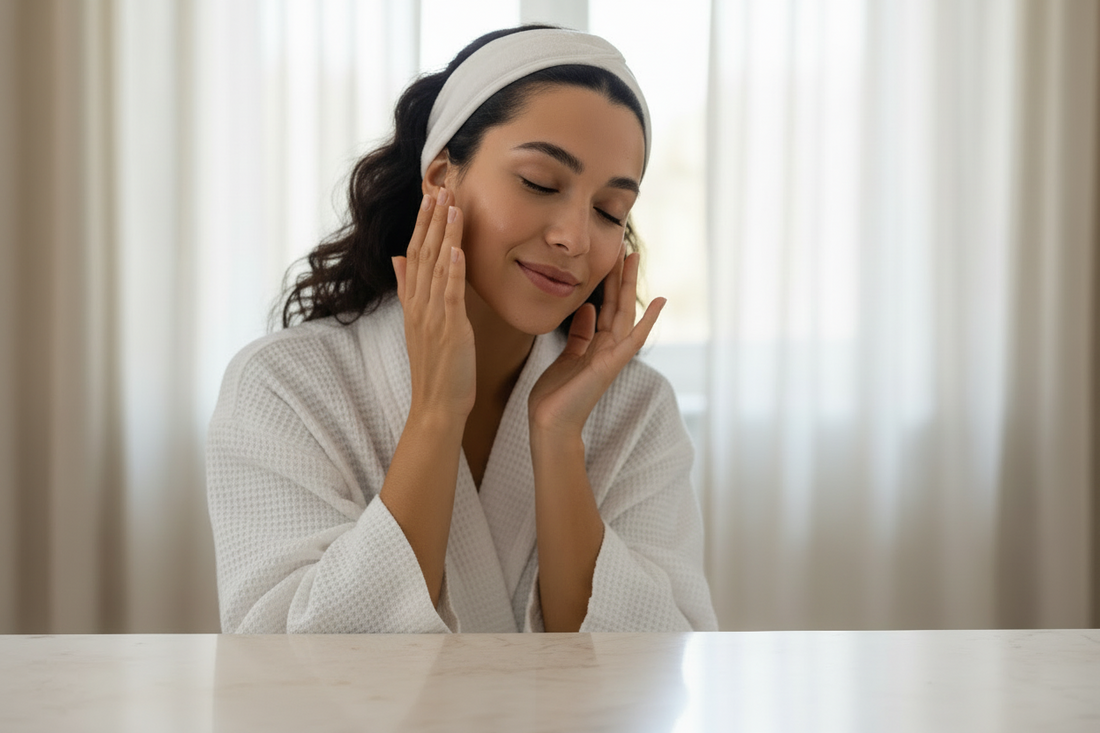 Donna che applica skincare viso con prodotti per beauty routine personalizzata