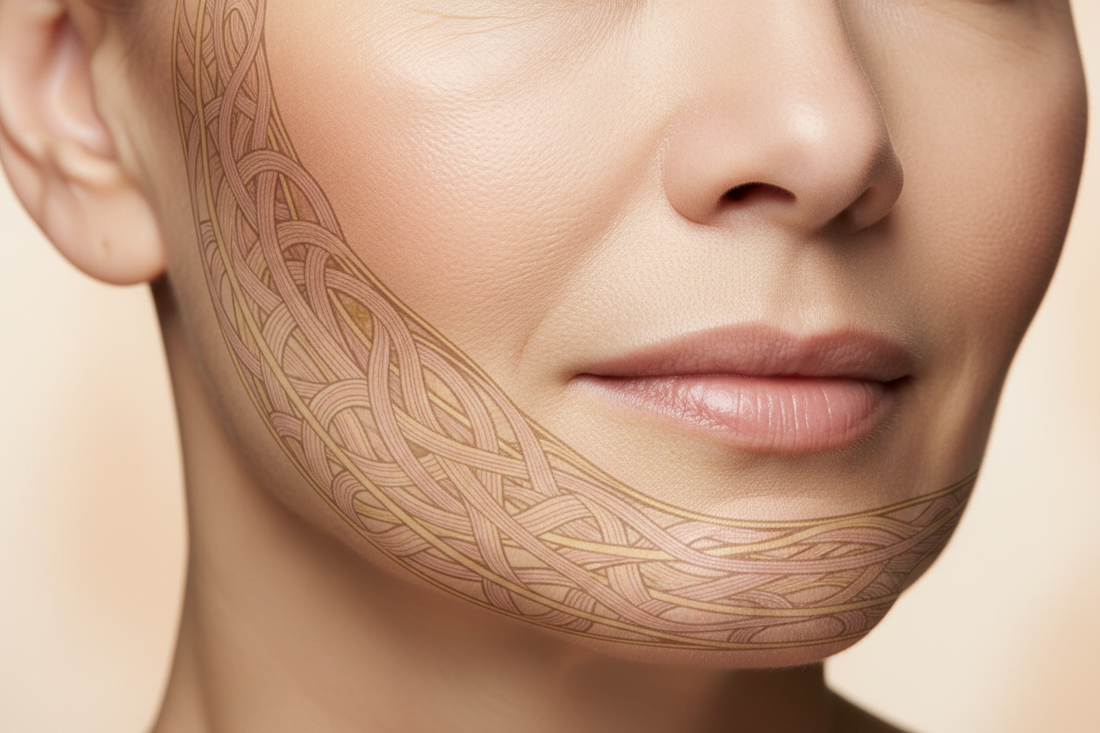 Struttura del collagene nella pelle del viso per compattezza e tonicità durante trattamento anti-età professionale