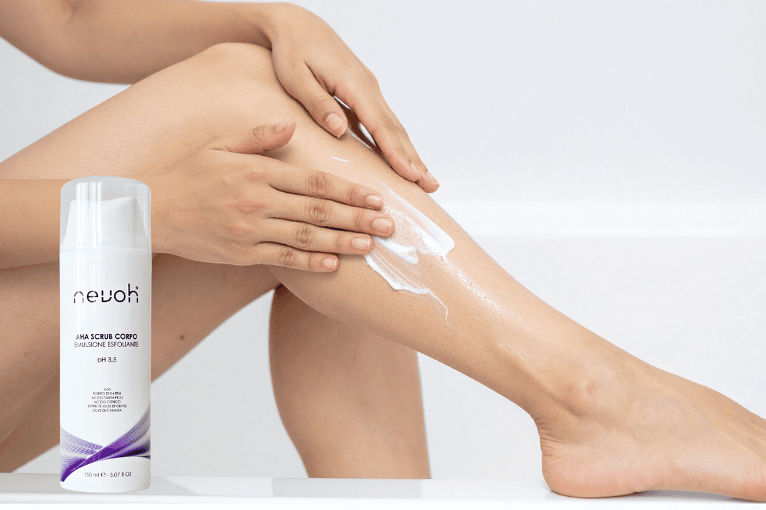 Emulsione esfoliante AHA Nevoh per epilazione laser: crema corpo che favorisce emersione peli e migliora risultati trattamento