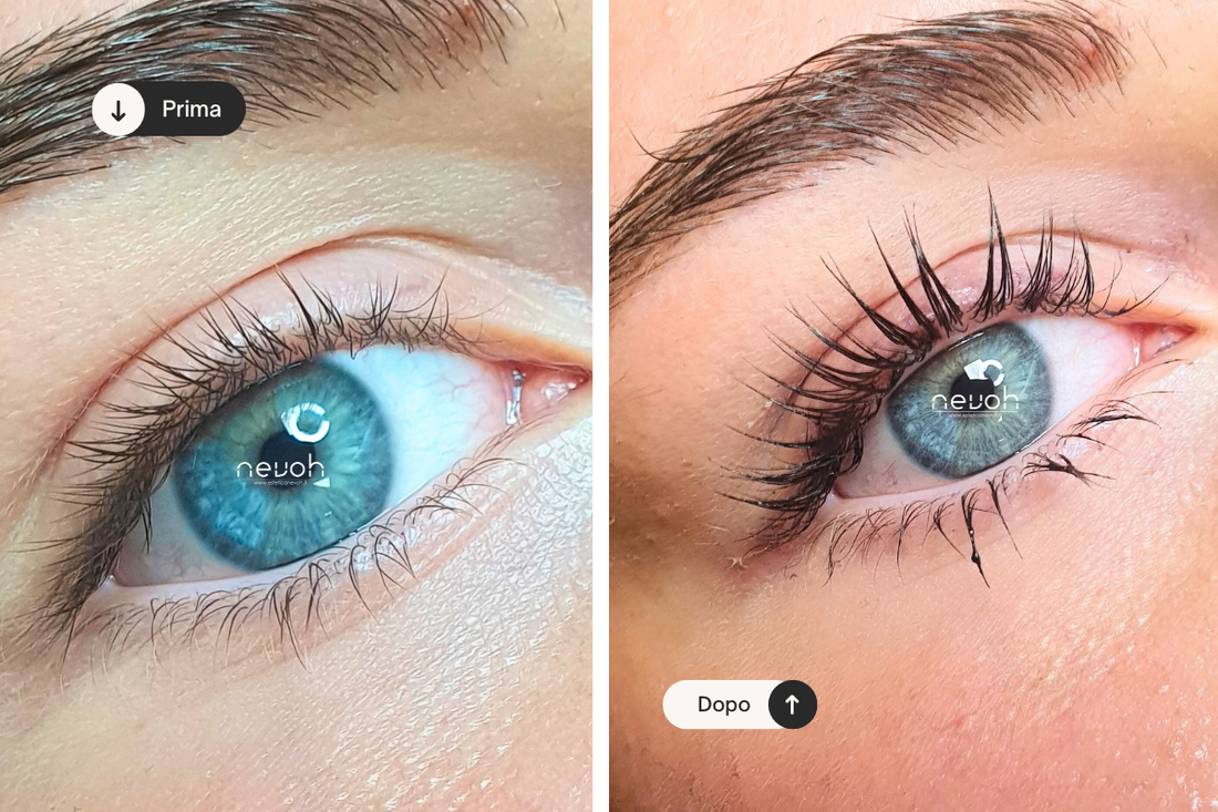 Ciglia naturali incurvate dopo un trattamento di laminazione professionale