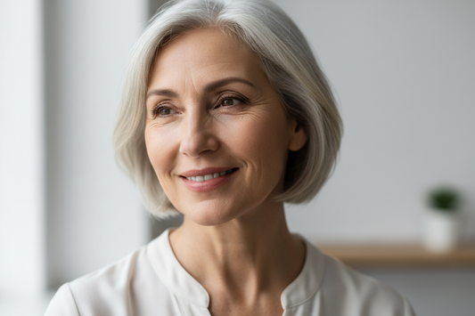 Donna con pelle spenta osserva serenamente il proprio viso prima di percorso personalizzato per ritrovare luminosità