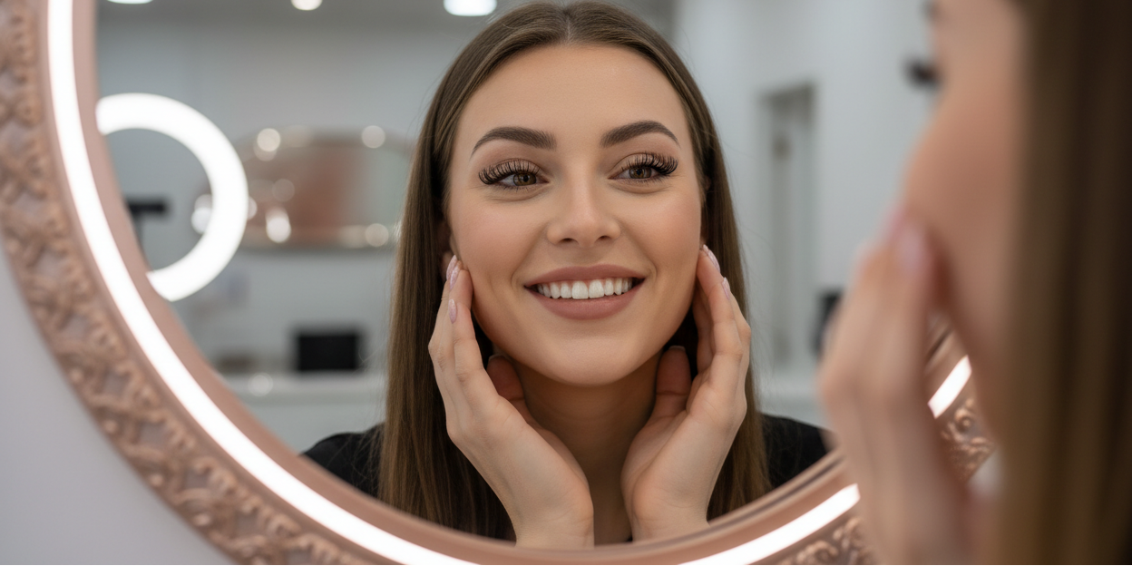 una donna che si guarda allo specchio con una laminazione ciglia appena fatta